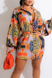 Colorful Blue Casual Print Split Joint Buckle With Belt Turndown Collar Shirt Dress Dresses