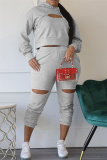 Grey Fashion Casual Solid Ripped Hooded Collar Long Sleeve Two Pieces