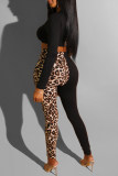 Black Fashion Casual Print Leopard Split Joint V Neck Long Sleeve Two Pieces