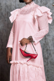 Pink Fashion Patchwork Tassel Hollowed Out See-through Half A Turtleneck Long Sleeve Two Pieces