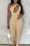 Light Blue Sexy Solid Hollowed Out One Shoulder Skinny Jumpsuits