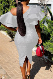 White Elegant Solid Patchwork Flounce Oblique Collar Pencil Skirt Dresses