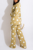 Apricot Casual Print Polka Dot Split Joint Buttons Turn-back Collar Long Sleeve Two Pieces