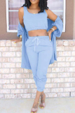 Blue Fashion Casual Solid Cardigan Vests Pants U Neck Long Sleeve Three-piece Set
