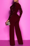 Burgundy Sexy Solid Patchwork See-through Sequins O Neck Straight Jumpsuits