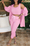 Pink Fashion Casual Solid Cardigan Vests Pants U Neck Long Sleeve Three-piece Set