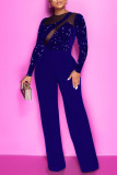 Blue Sexy Solid Patchwork See-through Sequins O Neck Straight Jumpsuits