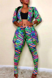 Multicolor Fashion Casual Print Cardigan Pants Turndown Collar Long Sleeve Two Pieces