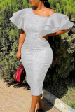 White Elegant Solid Patchwork Flounce Oblique Collar Pencil Skirt Dresses
