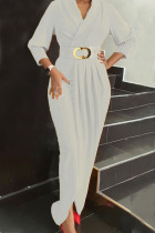 White Elegant Solid Patchwork Fold With Belt V Neck Long Sleeve Plus Size Dresses