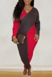Red Sexy Solid Split Joint V Neck Long Sleeve Two Pieces