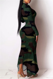 Multicolor Fashion Casual Print Asymmetrical Turtleneck Long Sleeve Dresses