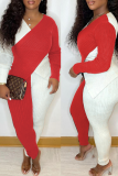 Red Sexy Solid Split Joint V Neck Long Sleeve Two Pieces