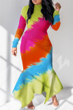 Multicolor Fashion Casual Print Asymmetrical Turtleneck Long Sleeve Dresses