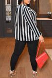 Black Fashion Casual Striped Cardigan Turndown Collar Plus Size Overcoat