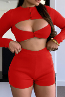 Red Sexy Casual Solid Hollowed Out Patchwork O Neck Long Sleeve Two Pieces