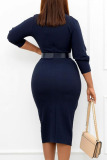 Deep Blue Elegant Solid Patchwork With Belt Turn-back Collar One Step Skirt Dresses