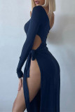 Brown Sexy Solid Bandage Hollowed Out Backless Oblique Collar Long Sleeve Dresses