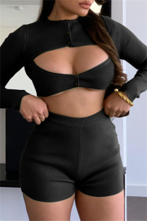 Black Sexy Casual Solid Hollowed Out Patchwork O Neck Long Sleeve Two Pieces