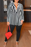 Black Fashion Casual Striped Cardigan Turndown Collar Plus Size Overcoat