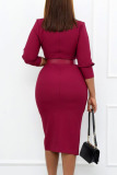 Rose Red Elegant Solid Patchwork With Belt Turn-back Collar One Step Skirt Dresses