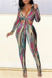 Multicolor Sexy Casual Print Bandage Turndown Collar Long Sleeve Two Pieces