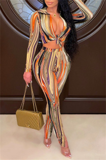 Multicolor Sexy Casual Print Bandage Turndown Collar Long Sleeve Two Pieces