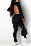 Black Sexy Solid Split Joint Frenulum Backless O Neck Long Sleeve Two Pieces
