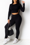 Black Sexy Solid Split Joint Frenulum Backless O Neck Long Sleeve Two Pieces