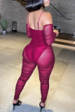Rose Red Fashion Sexy Patchwork Solid See-through Backless Spaghetti Strap Skinny Jumpsuits