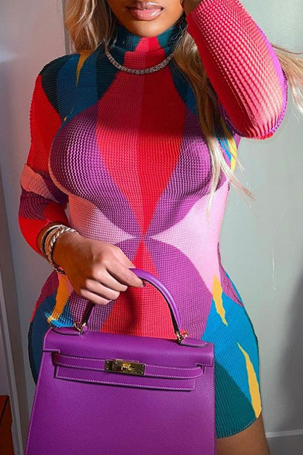 Purple Sexy Print Patchwork Half A Turtleneck Pencil Skirt Dresses