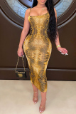 Gold Fashion Sexy Print Backless Spaghetti Strap Irregular Dress Dresses