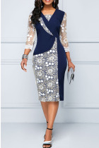 Blue Casual Print Split Joint V Neck One Step Skirt Dresses