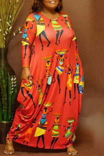 Red Fashion Casual Print Basic O Neck Long Sleeve Plus Size Dresses
