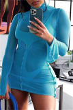 Blue Fashion Sexy Solid See-through Turtleneck Long Sleeve Two Pieces