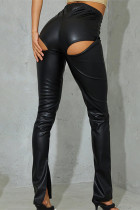 Black Fashion Sexy Solid Hollowed Out Slit Regular High Waist Trousers