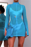 Blue Fashion Sexy Solid See-through Turtleneck Long Sleeve Two Pieces