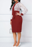 Red Casual Elegant Solid Bandage Hollowed Out Split Joint O Neck One Step Skirt Dresses