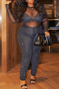 Black Fashion Sexy Hot Drilling See-through O Neck Plus Size Jumpsuits