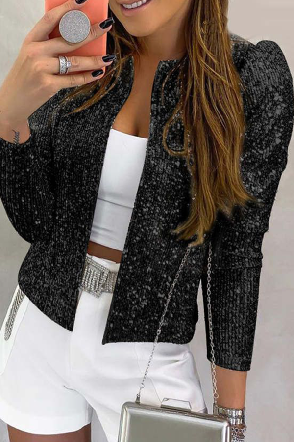 Black Fashion Solid Sequins Patchwork O Neck Outerwear