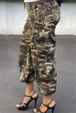 Army Green Fashion Casual Camouflage Print Patchwork Regular High Waist Trousers