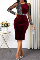 Burgundy Sexy Solid Split Joint See-through O Neck One Step Skirt Dresses
