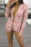 Pink Fashion Sexy Solid Hollowed Out See-through V Neck Long Sleeve Two Pieces