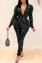 Black Fashion Slim Long-Sleeve V-Neck Two-Piece Set