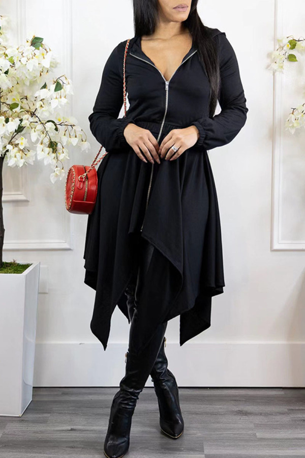 Black Casual Solid Patchwork Asymmetrical Zipper Hooded Collar Irregular Dress Dresses