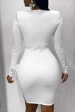 White Sexy Solid Split Joint Feathers Mesh O Neck One Step Skirt Dresses