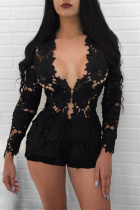 Black Fashion Sexy Solid Hollowed Out See-through V Neck Long Sleeve Two Pieces