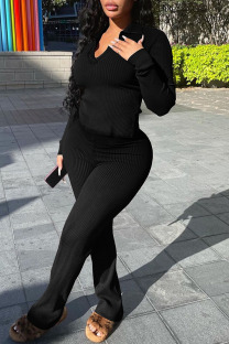 Black Casual Solid Patchwork V Neck Long Sleeve Two Pieces
