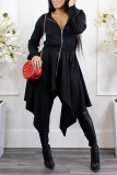 Black Casual Solid Patchwork Asymmetrical Zipper Hooded Collar Irregular Dress Dresses