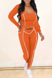Orange Casual Sportswear Solid Patchwork U Neck Long Sleeve Two Pieces